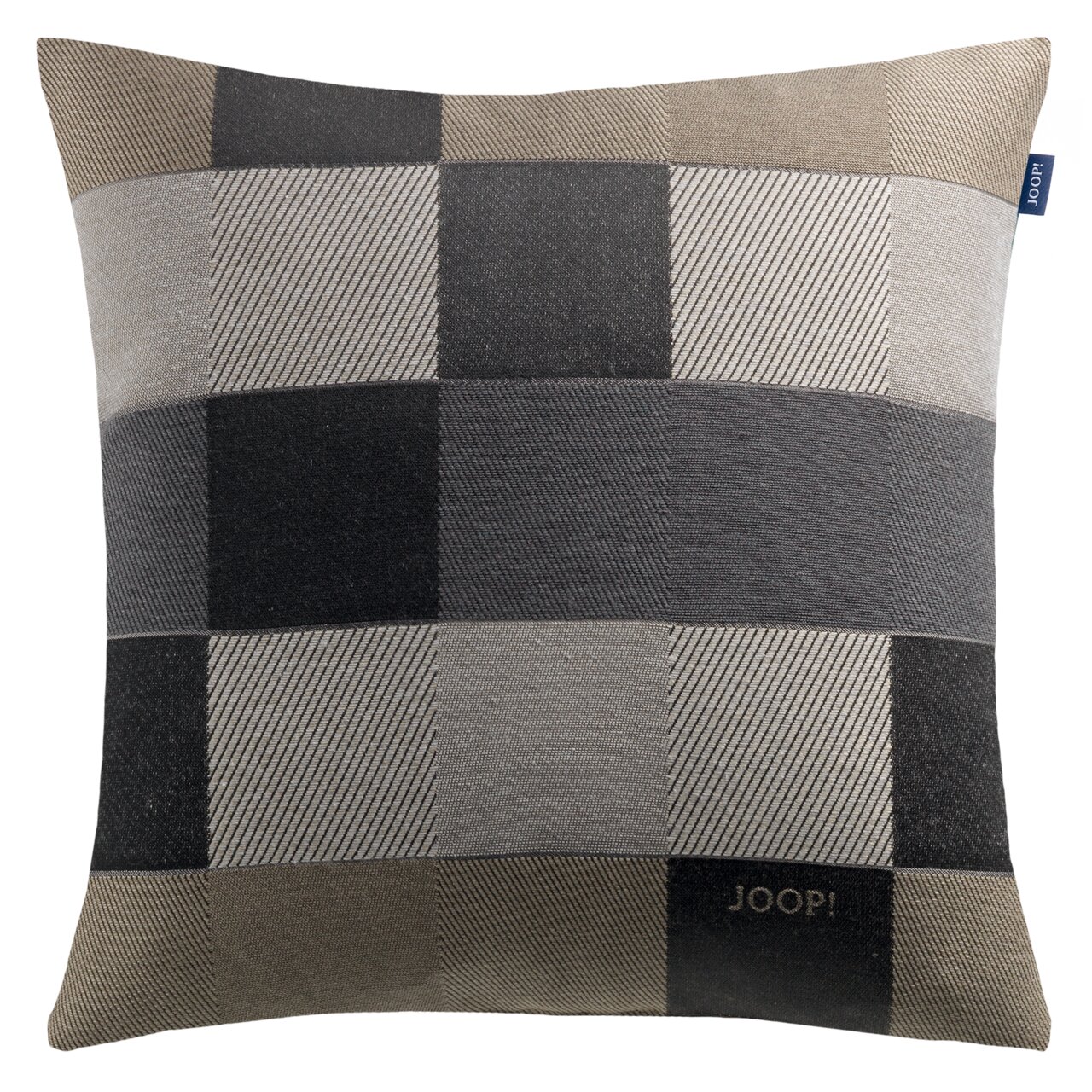 JOOP! Zierkissenhülle J!MOSAIC JOOP! J!Mosaic Zierkissenhülle in einem modernen Karomuster aus verschiedenen Grautönen, frontal abgebildet.