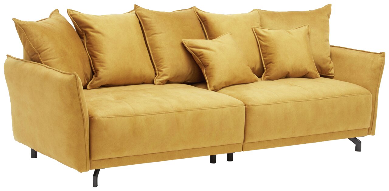 Großes, senfgelbes Sofa mit mehreren Kissen, seitliche Perspektive