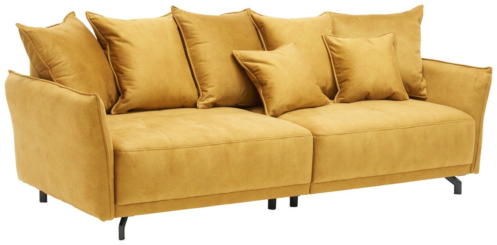 Großes, senfgelbes Sofa mit mehreren Kissen, seitliche Perspektive