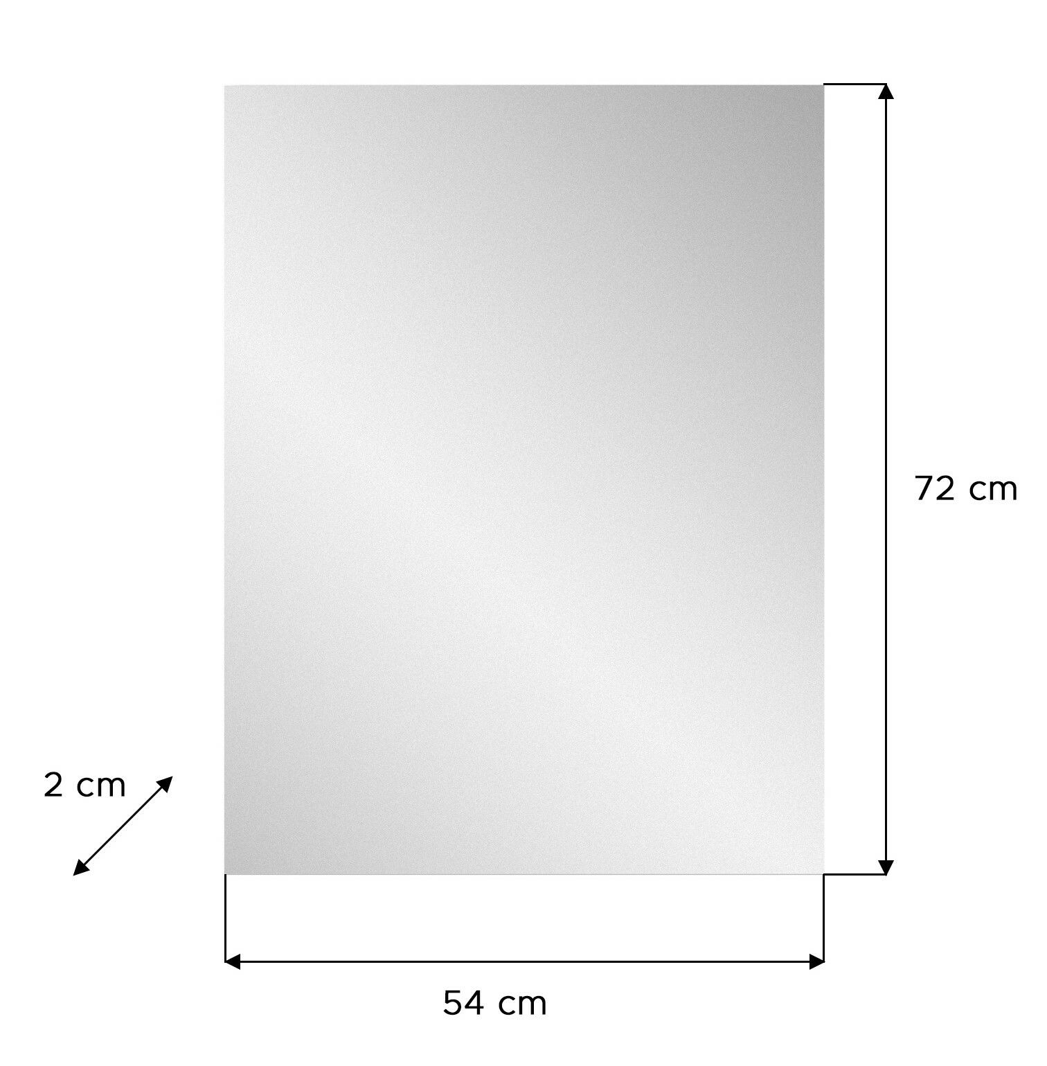 Rechteckiger Spiegel mit den Maßen 72 cm Höhe, 54 cm Breite und 2 cm Tiefe, frontal abgebildet.