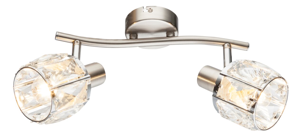 Moderner Deckenstrahler mit zwei verstellbaren Leuchten und Kristallglas, seitliche Perspektive