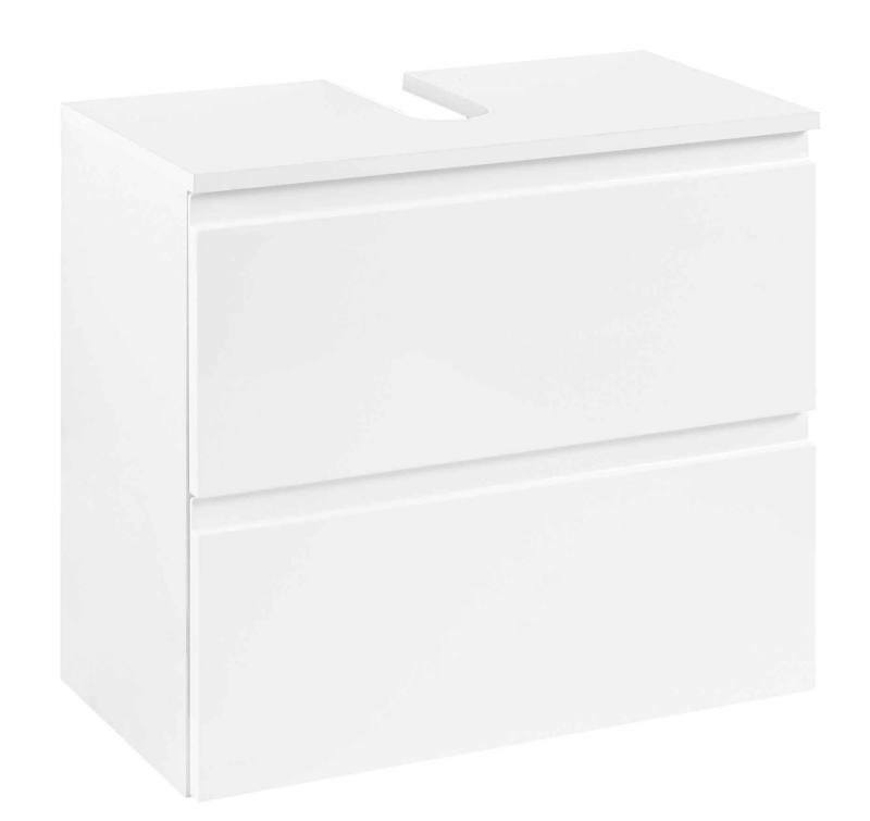 Weißer Waschbeckenunterschrank mit zwei Schubladen, seitliche Perspektive