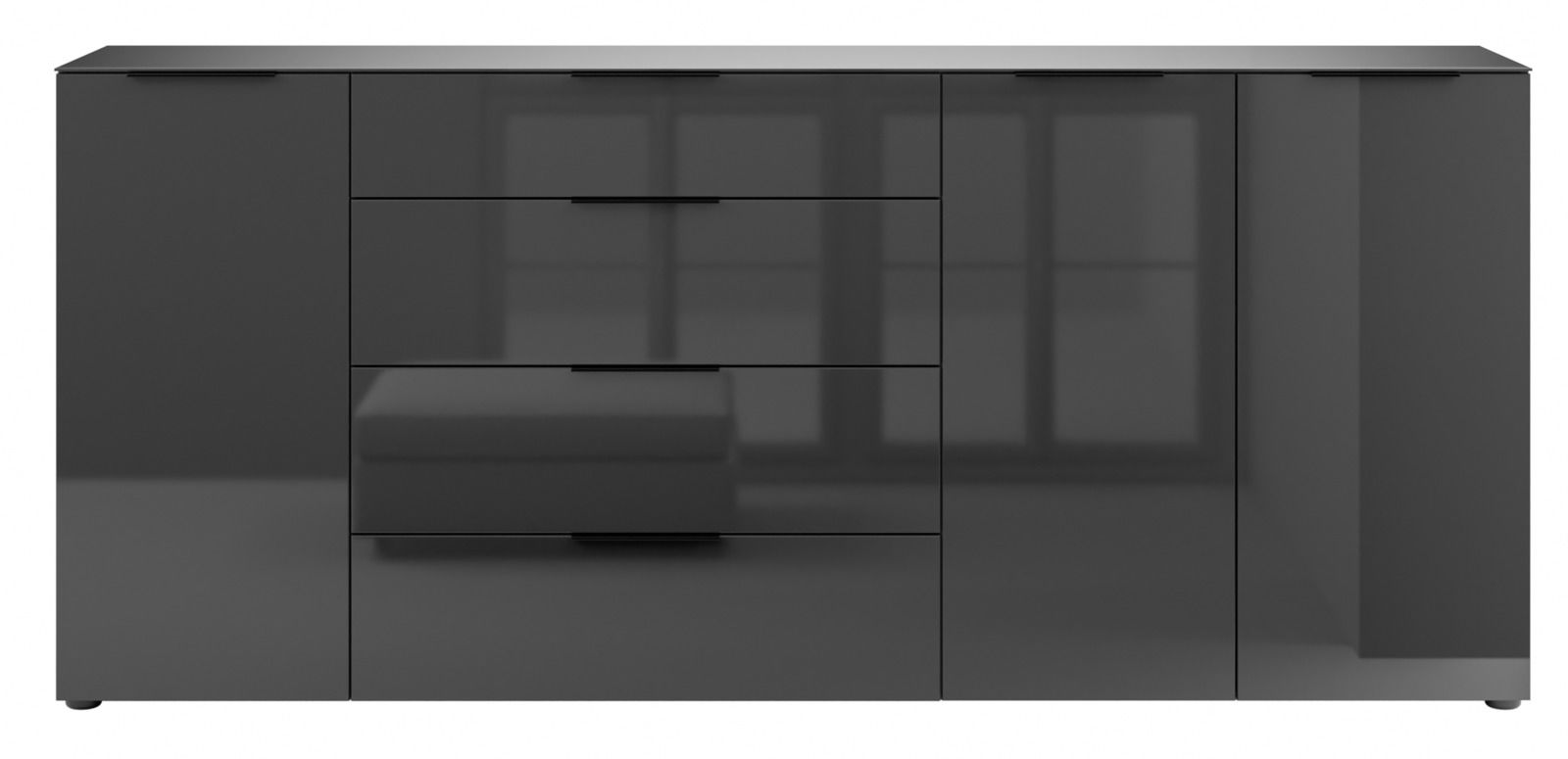 Modernes, schwarzes XXL-Sideboard mit Hochglanzoberfläche, frontal abgebildet.
