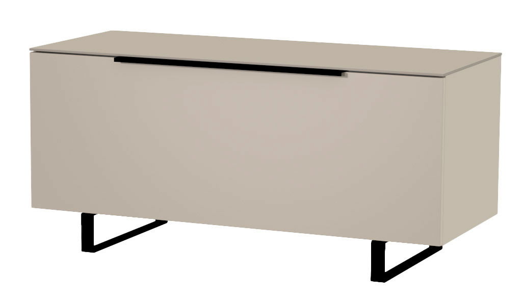 TV-Lowboard in Beige mit schwarzem Griff und Metallbeinen, seitliche Perspektive