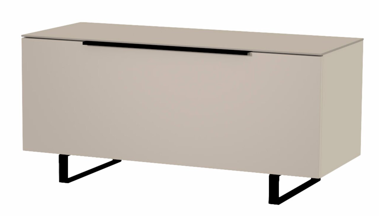 TV-Lowboard in Beige mit schwarzem Griff und Metallbeinen, seitliche Perspektive