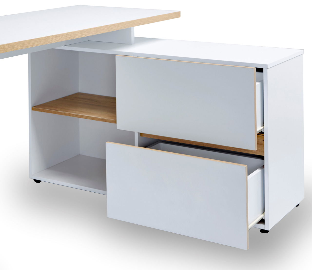 Eck-Schreibtisch mit weißem Korpus und Holzdetails, zwei Schubladen und einem offenen Regal, seitliche Perspektive