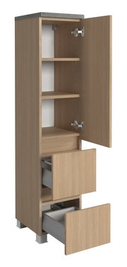Midischrank 30 cm in Holzoptik mit geöffneter Tür und Schubladen, seitliche Perspektive