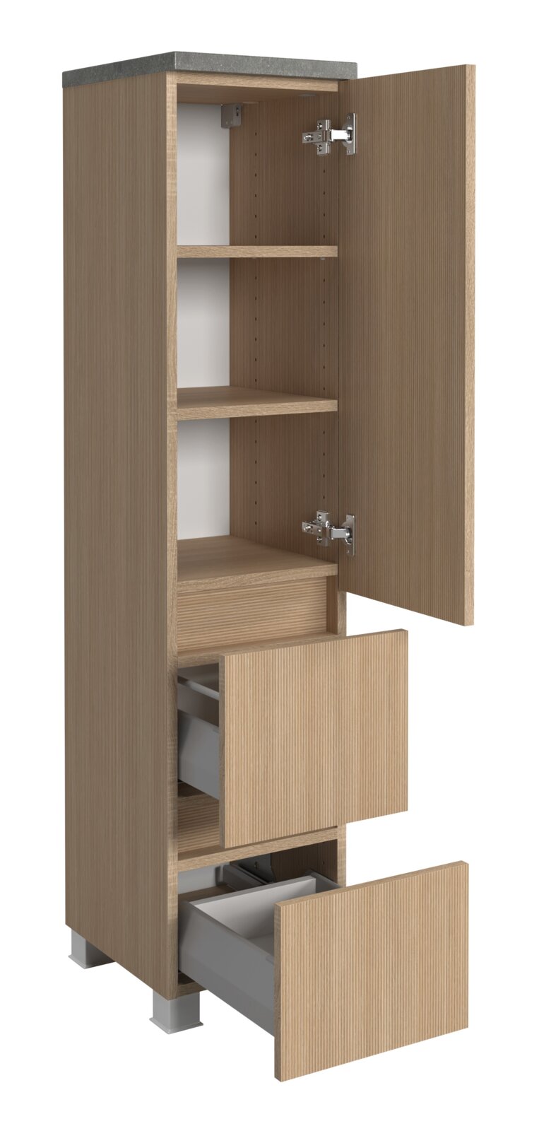 Midischrank 30 cm in Holzoptik mit geöffneter Tür und Schubladen, seitliche Perspektive