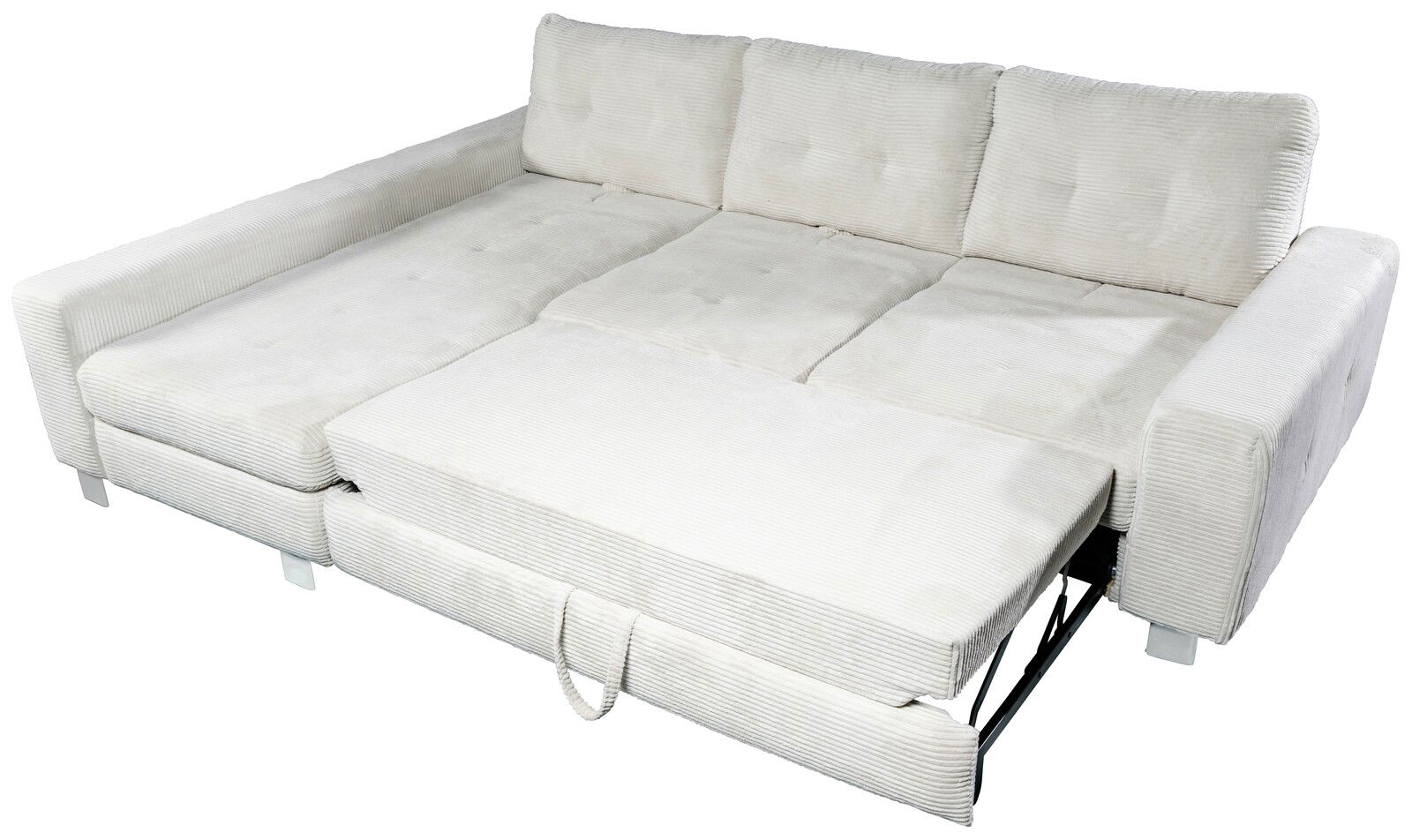 Großes, helles Ecksofa mit ausziehbarer Liegefläche, Perspektive von schräg oben.