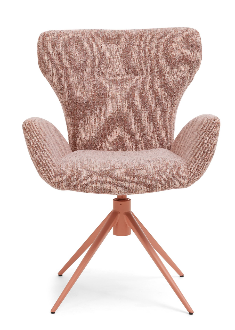 Moderner Armlehnstuhl mit rosa Stoffbezug und Metallbeinen, Frontalansicht