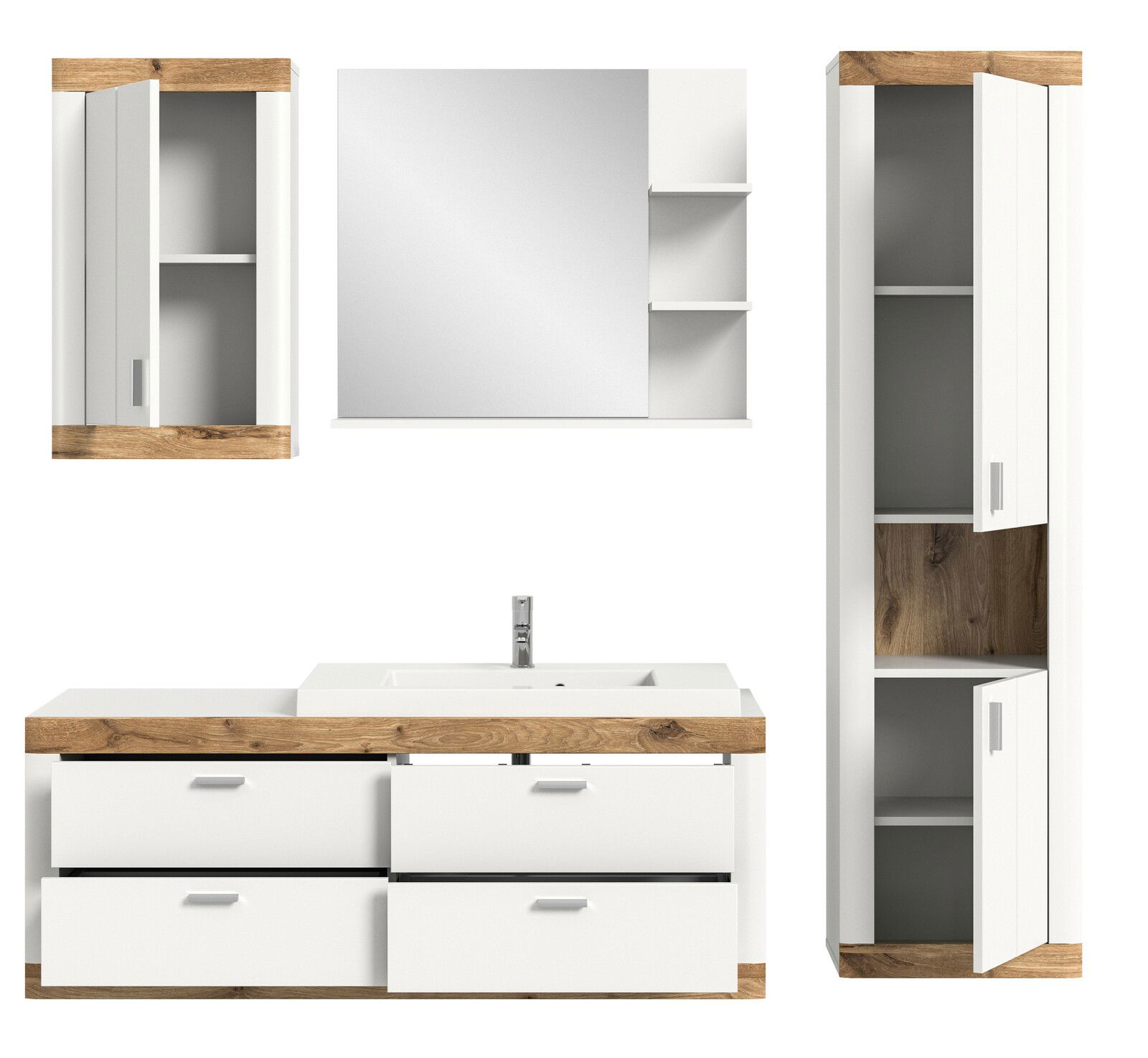 Moderne Badkombination in Weiß mit Holzdetails, bestehend aus einem Waschbeckenunterschrank mit Schubladen, einem Spiegel mit seitlichen Regalen und zwei Hängeschränken. Frontalansicht.