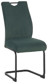 Moderner Schwingstuhl XORA GONZO in grünem Stoffbezug mit schwarzem Metallgestell, seitliche Perspektive