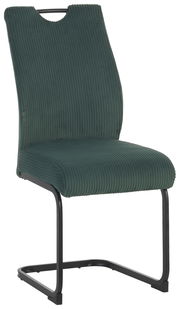 Moderner Schwingstuhl XORA GONZO in grünem Stoffbezug mit schwarzem Metallgestell, seitliche Perspektive