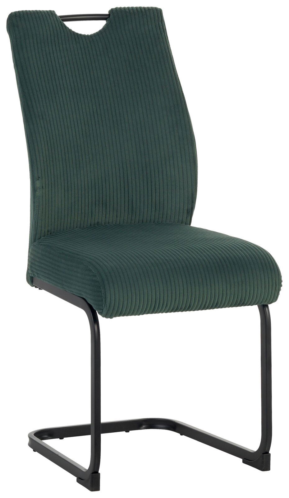 Moderner Schwingstuhl XORA GONZO in grünem Stoffbezug mit schwarzem Metallgestell, seitliche Perspektive