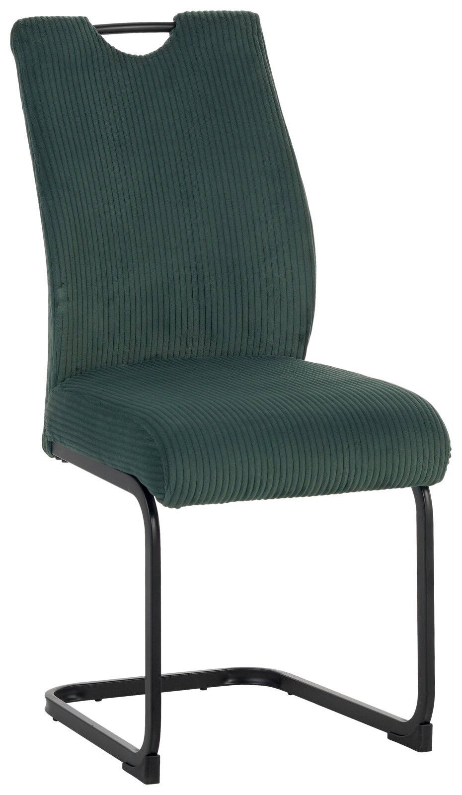 Moderner Schwingstuhl XORA GONZO in grünem Stoffbezug mit schwarzem Metallgestell, seitliche Perspektive