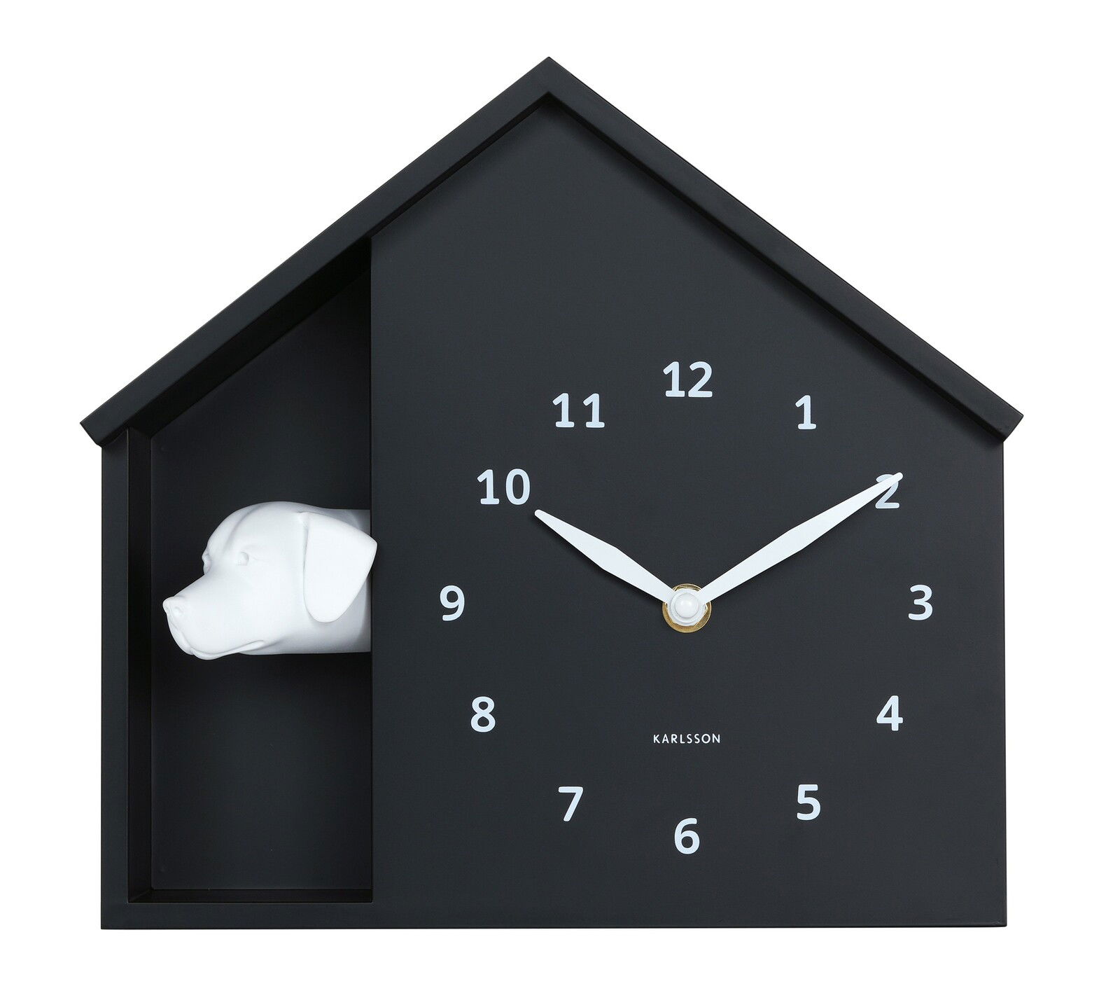 Schwarze Wanduhr in Hausform mit weißem Hundekopf, frontal betrachtet.