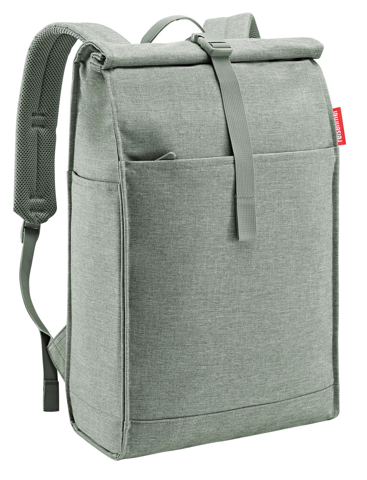 Grauer urbaner Rolltop-Rucksack aus Stoff, seitliche Perspektive