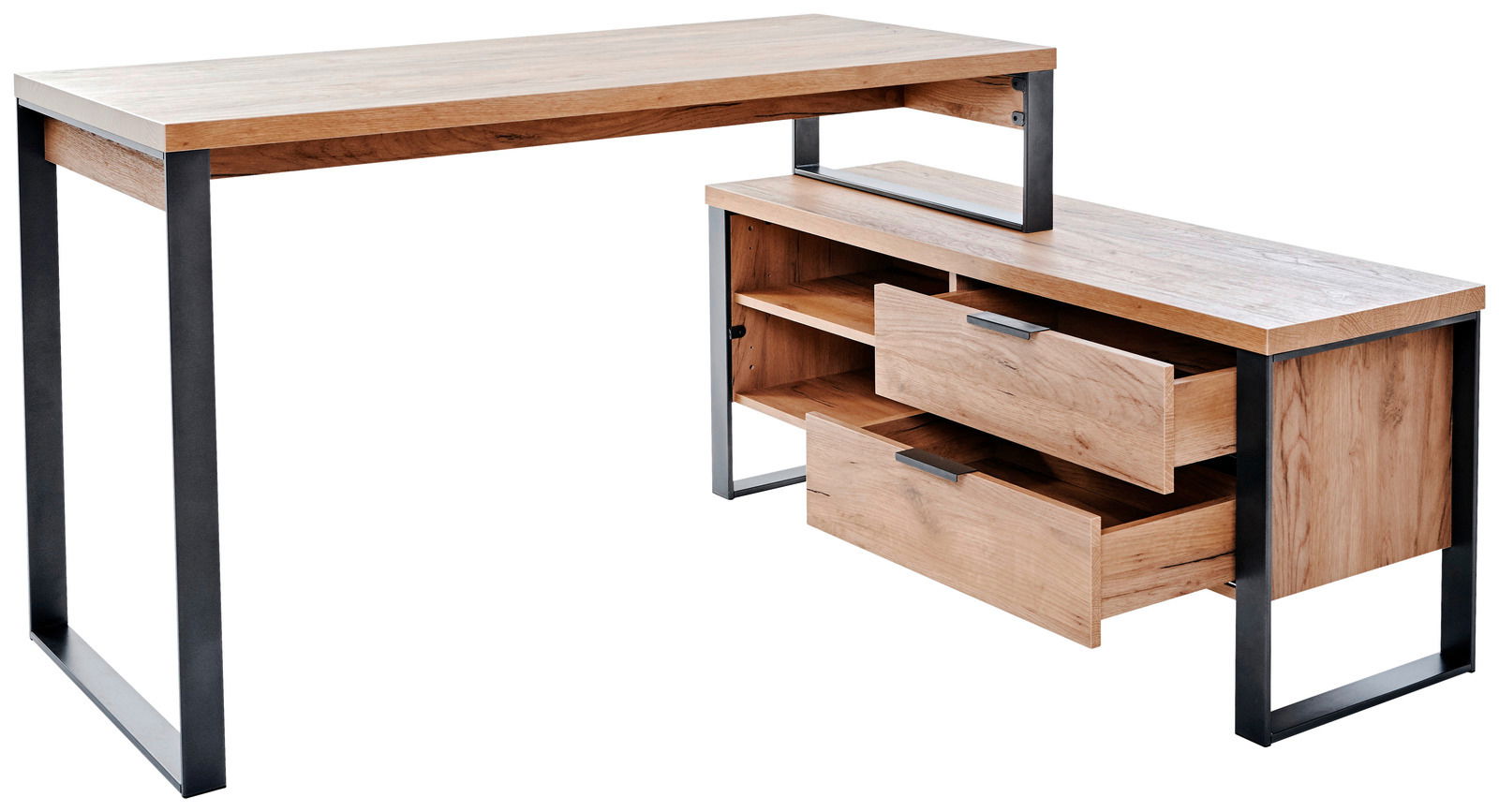 Moderner Eck-Schreibtisch aus Holz mit Metallrahmen, zwei Schubladen und offener Ablage, seitliche Perspektive