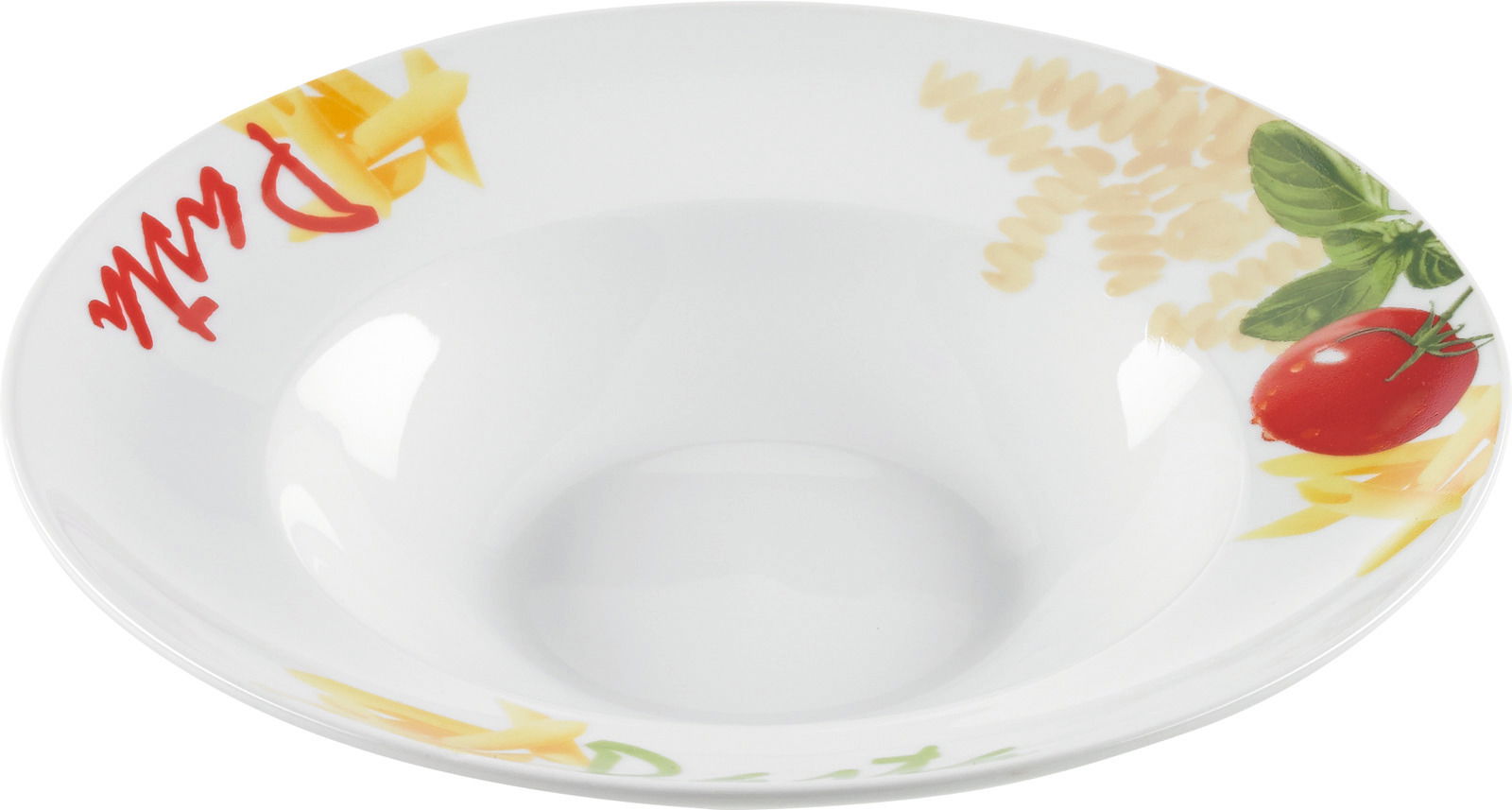 Pastateller 27cm mit buntem Design aus Tomaten, Basilikum und Pasta, von oben fotografiert.