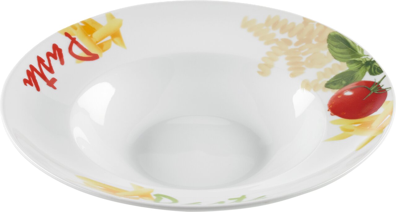 Pastateller 27cm mit buntem Design aus Tomaten, Basilikum und Pasta, von oben fotografiert.