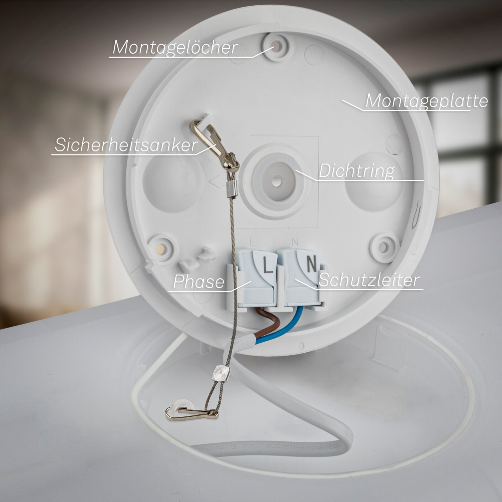 Close-up van de montageplaat van een witte plafondlamp met montagelijnen, veiligheidsanker, afdichtring en L/N-aansluitklemmen; perspectief: frontaal van binnenuit in de behuizing.