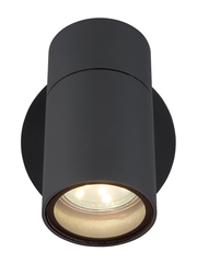 Moderne schwarze Außenwandleuchte in zylindrischer Form, Ansicht von unten.