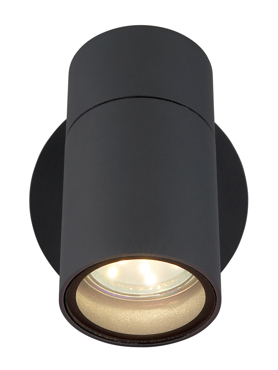 Moderne schwarze Außenwandleuchte in zylindrischer Form, Ansicht von unten.