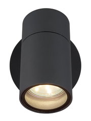 Moderne schwarze Außenwandleuchte in zylindrischer Form, Ansicht von unten.