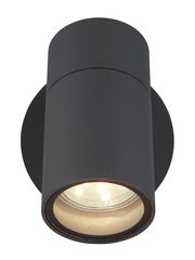 Moderne schwarze Außenwandleuchte in zylindrischer Form, Ansicht von unten.