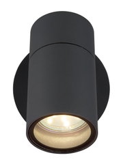 Moderne zwarte buitenwandlamp in cilindrische vorm, gezien van onderaf.