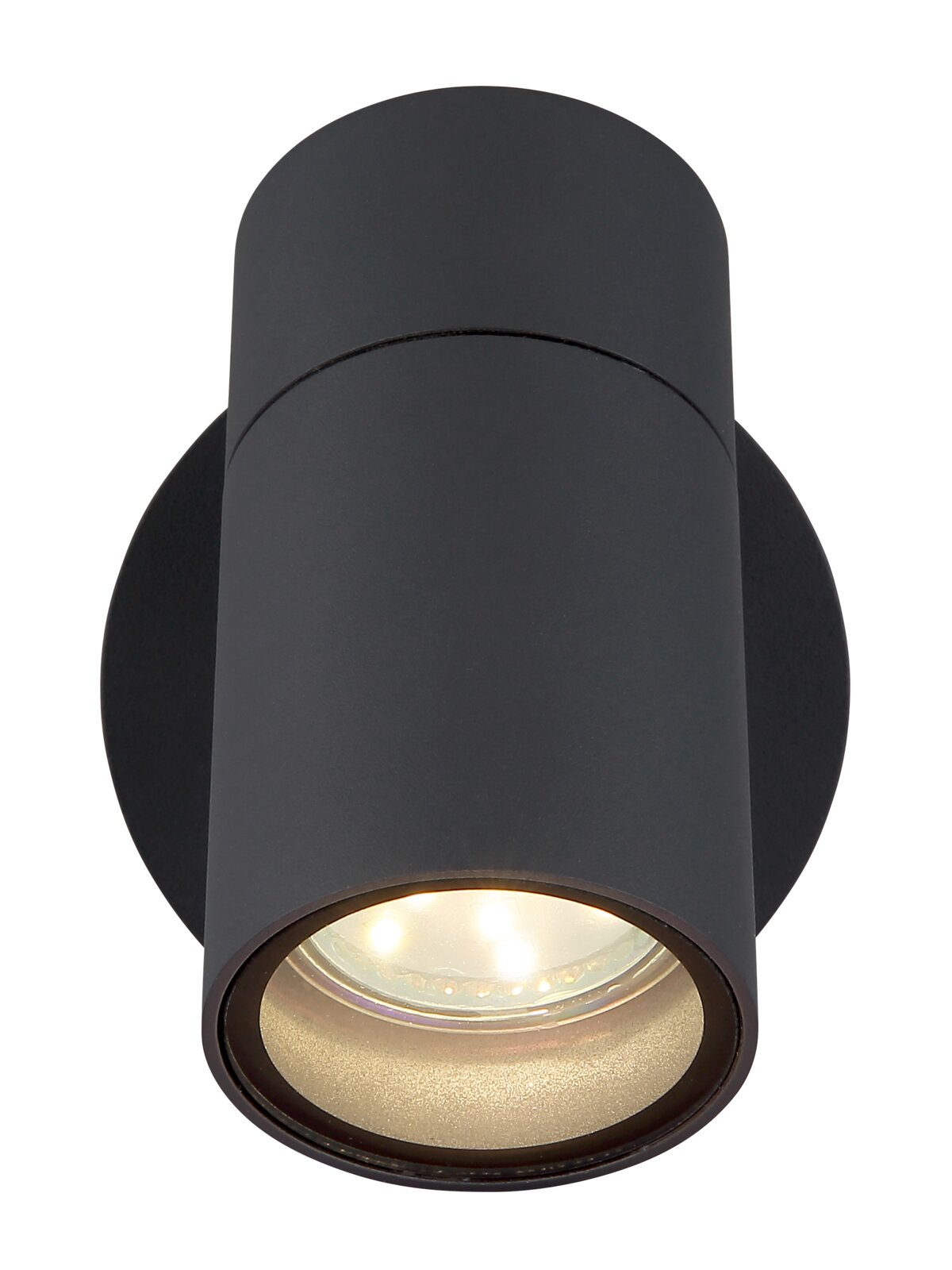 Moderne zwarte buitenwandlamp in cilindrische vorm, gezien van onderaf.