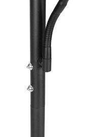 Nahaufnahme eines schwarzen LED-Deckenfluters mit flexiblem Lesearm und silbernen Bedienelementen.