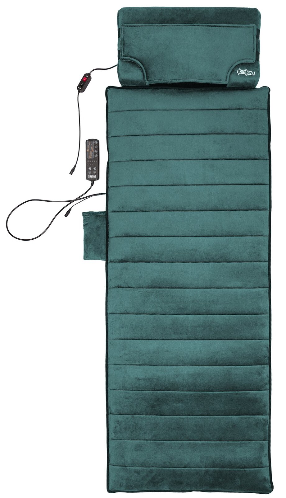 Türkise, gepolsterte Massageauflage mit Kopfteil und kabelgebundener Fernbedienung, Draufsicht von oben auf weißem Hintergrund