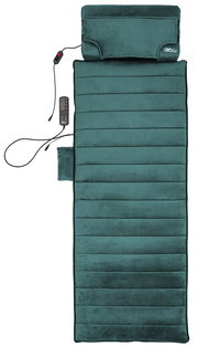 Türkise, gepolsterte Massageauflage mit Kopfteil und kabelgebundener Fernbedienung, Draufsicht von oben auf weißem Hintergrund