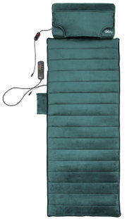 Turquoise, gewatteerde massagekussen met hoofdsteun en bedrade afstandsbediening, bovenaanzicht op een witte achtergrond