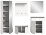 Garderobenkombination in Weiß, bestehend aus einem hohen Schrank mit mehreren Fächern, einer Wandgarderobe mit Haken und Ablage, einem quadratischen Spiegel, einem niedrigen Schuhschrank mit Türen und einem Kommodenschrank mit Schublade und Türen. Frontal