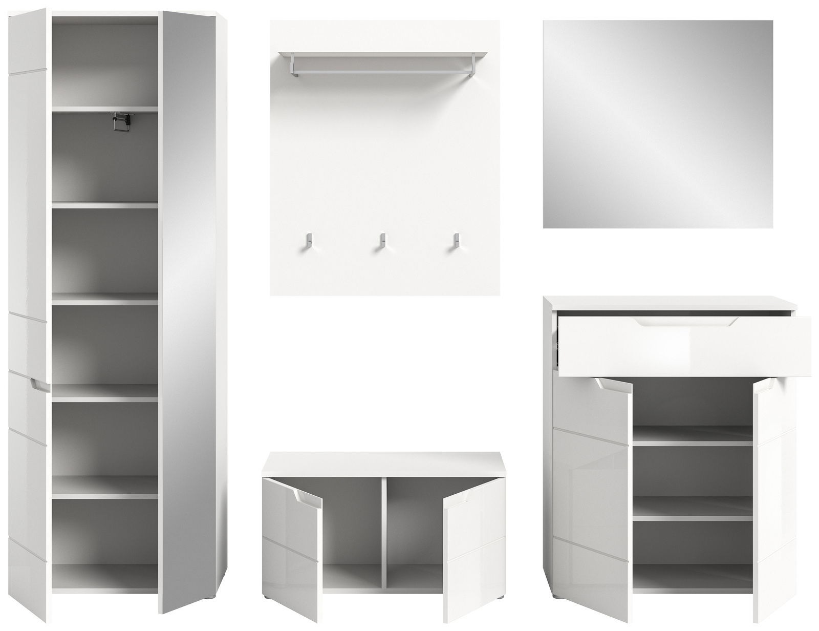 Garderobenkombination in Weiß, bestehend aus einem hohen Schrank mit mehreren Fächern, einer Wandgarderobe mit Haken und Ablage, einem quadratischen Spiegel, einem niedrigen Schuhschrank mit Türen und einem Kommodenschrank mit Schublade und Türen. Frontal