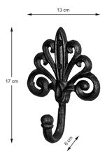Schwarzer Garderobenhaken aus Metall mit dekorativem, geschwungenem Design, von vorne betrachtet.