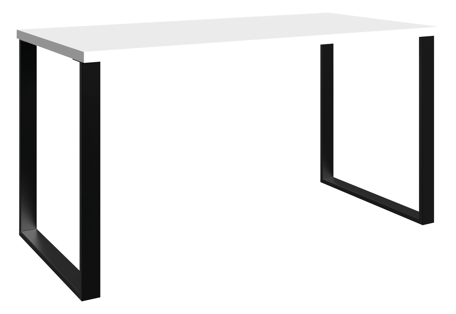 Moderner Schreibtisch mit weißer Tischplatte und schwarzen Metallbeinen, seitliche Perspektive.