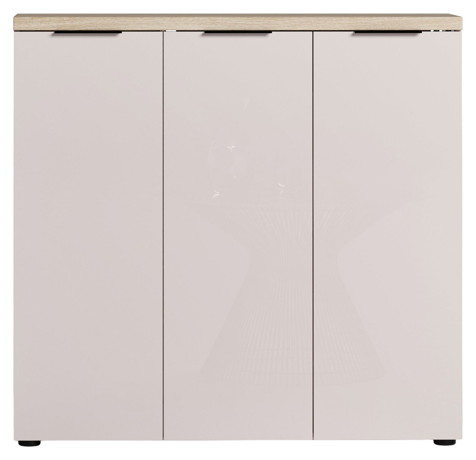 Moderner XL-Schuhschrank mit drei Türen in Frontansicht, helle Holzoptik oben.