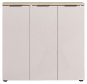 Moderner XL-Schuhschrank mit drei Türen in Frontansicht, helle Holzoptik oben.