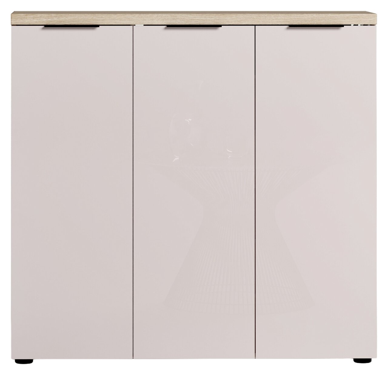 Moderner XL-Schuhschrank mit drei Türen in Frontansicht, helle Holzoptik oben.