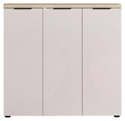 Moderner XL-Schuhschrank mit drei Türen in Frontansicht, helle Holzoptik oben.