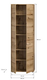 Hochschrank aus Holz mit mehreren offenen Fächern, teilweise geöffnet, in einer frontalen Perspektive. Maße: 189 cm hoch, 64 cm breit, 32 cm tief.
