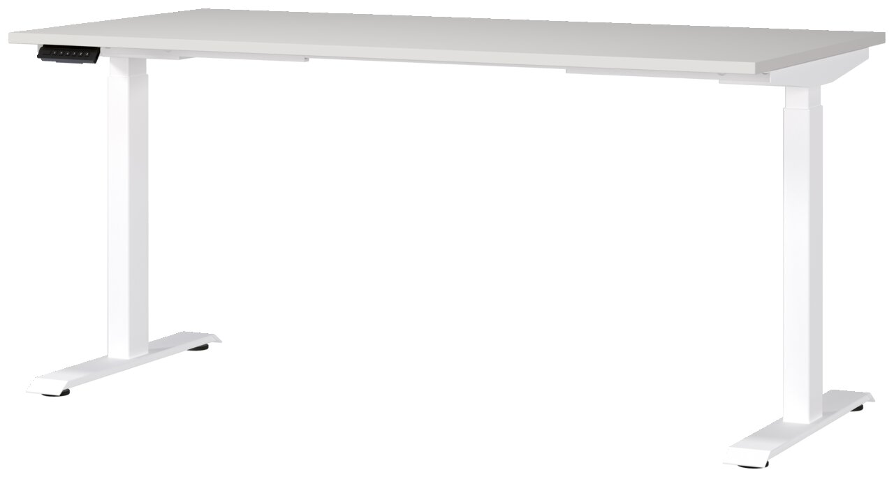 Moderner weißer E-Schreibtisch mit höhenverstellbaren Beinen, seitliche Perspektive