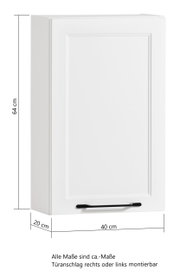 Weißer Hängeschrank mit schwarzem Griff, Maße 64 cm Höhe, 40 cm Breite, 20 cm Tiefe, seitliche Perspektive