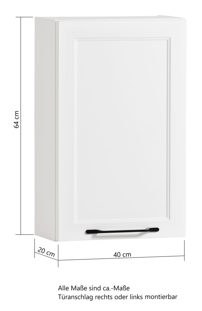 Weißer Hängeschrank mit schwarzem Griff, Maße 64 cm Höhe, 40 cm Breite, 20 cm Tiefe, seitliche Perspektive