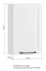 Weißer Hängeschrank mit schwarzem Griff, Maße 64 cm Höhe, 40 cm Breite, 20 cm Tiefe, seitliche Perspektive
