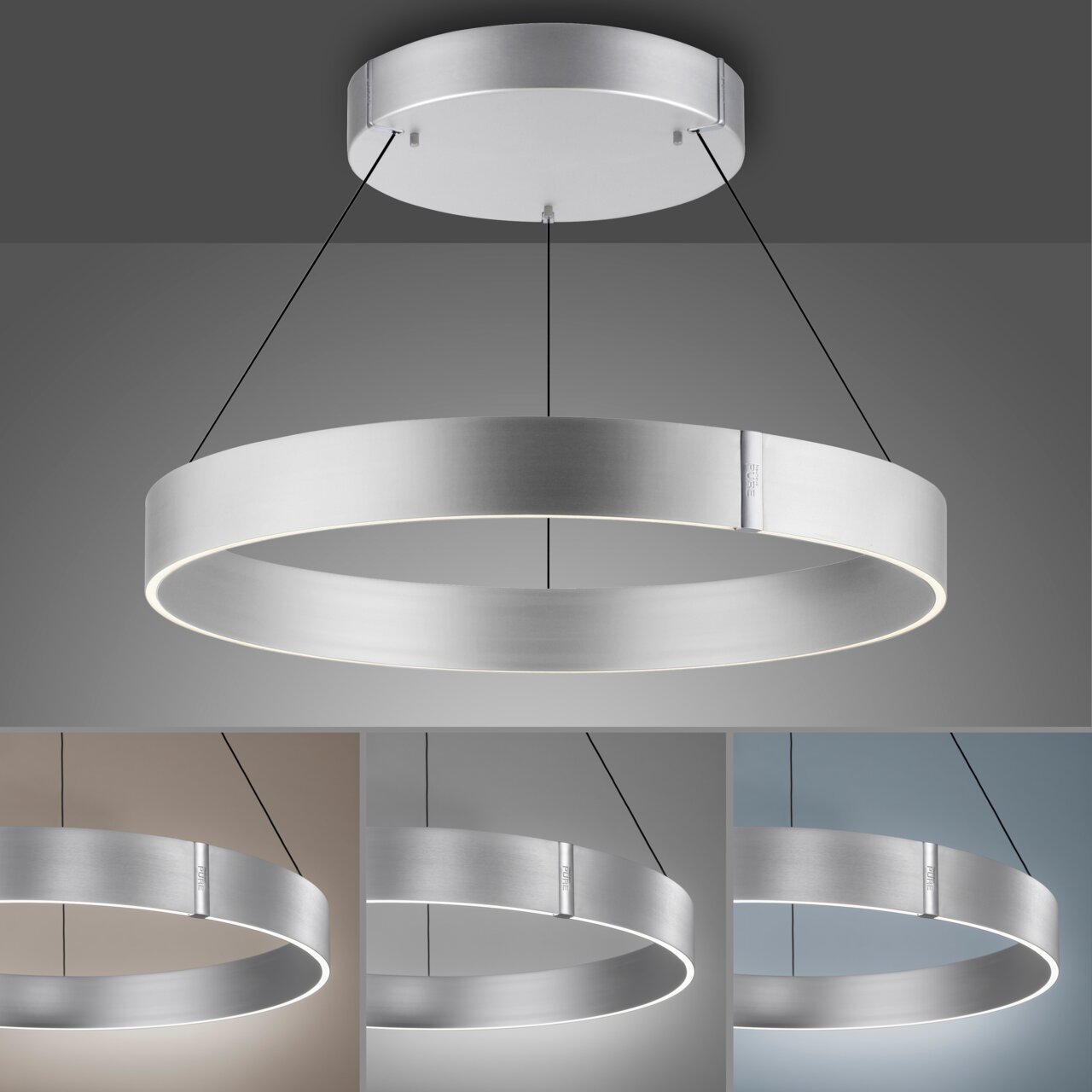 Moderne hanglamp PURE E-CLIPSE van Paul Neuhaus in de vorm van een zilveren ring, gezien van onderaf, met verschillende achtergrondkleuren.