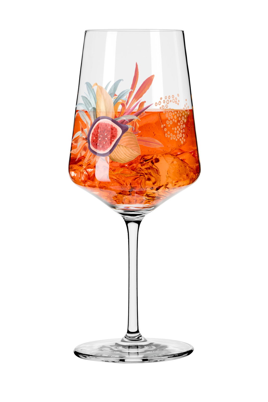 Weinglas mit tropischem Design und orangem Getränk, seitliche Perspektive